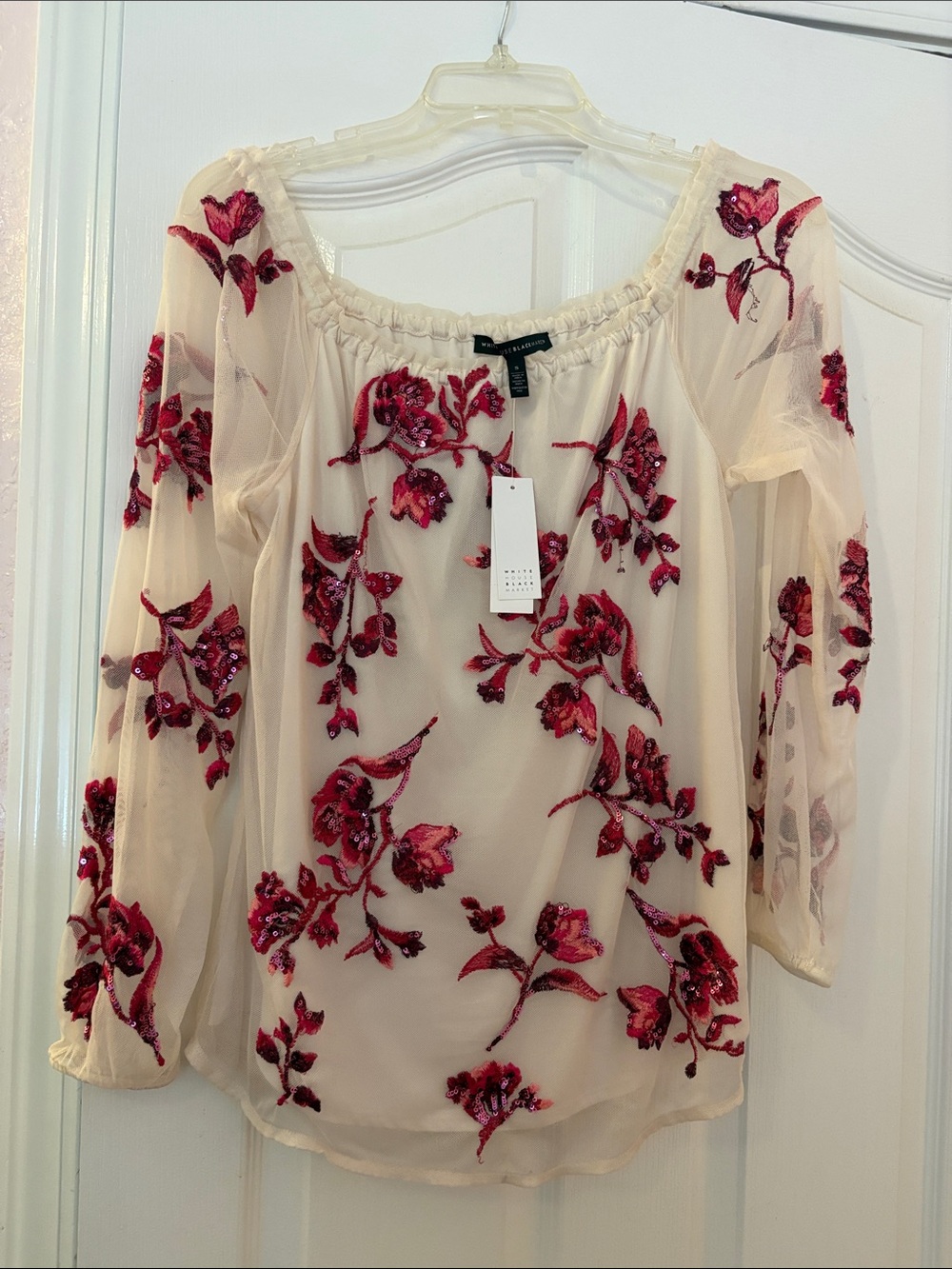 White House Black Market: Beaded Floral Embroidered Cream Blouse